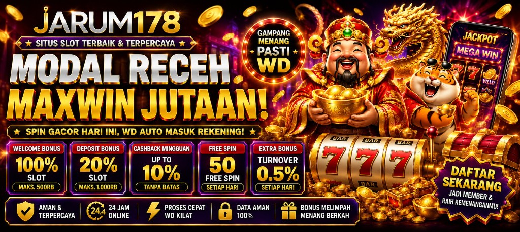 Banner Dewi11 modal receh maxwin jutaan — welcome bonus 100% slot, cashback mingguan, free spin harian